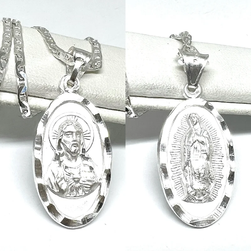 .925 Silver Jesus Sagrado Corazon & Virrgin Mary Double Sided Pendant Necklace