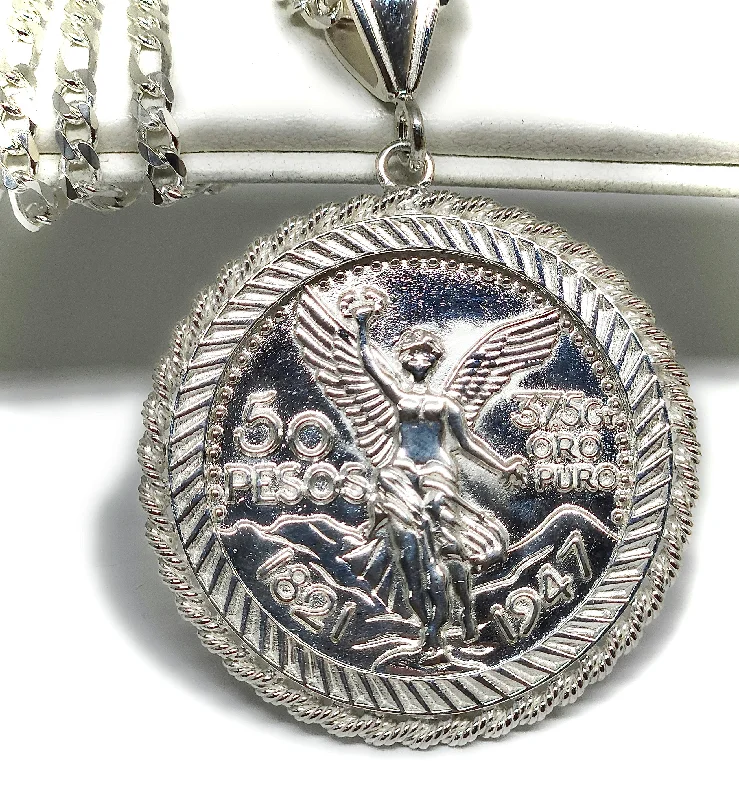 .925 Silver MEXICAN CENTENARIO 50 PESOS COIN PENDANT NECKLACE (COPY OF ORIGINAL)