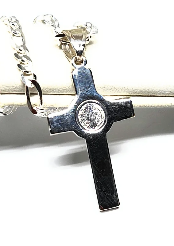 .925 Silver Saan Bennito Saaint Benedict Cross Pendant Necklace with Chain Options