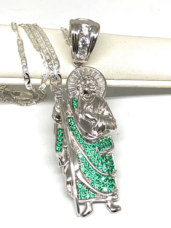 .925 Silver Saan Judas GREEN CZ Pendant Necklace with Valentina Chain (LG)