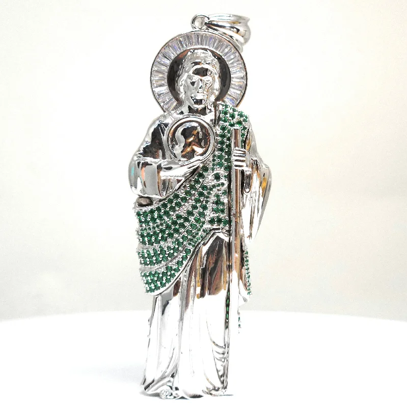 .925 Silver Saan Judas GREEN CZ Saaint Jude 3D BIG XL Pendant CZ Full 3D Statue (XL)