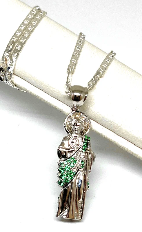 .925 Silver Saan Judas GREEN CZ Saaint Jude 3D Pendant Green CZ Full 3D Statue (SM,LG)