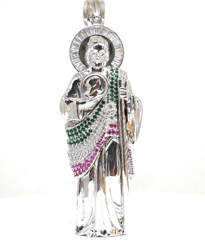 .925 Silver Saan Judas GREEN,WHITE,RED CZ Saaint Jude 3D BIG XL Pendant CZ Full 3D Statue (XL)