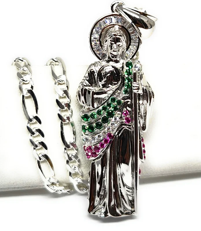 .925 Silver Saan Judas GREEN,WHITE,RED CZ Saaint Jude 3D Pendant CZ Full 3D Statue (XS,SM,MED,LG)