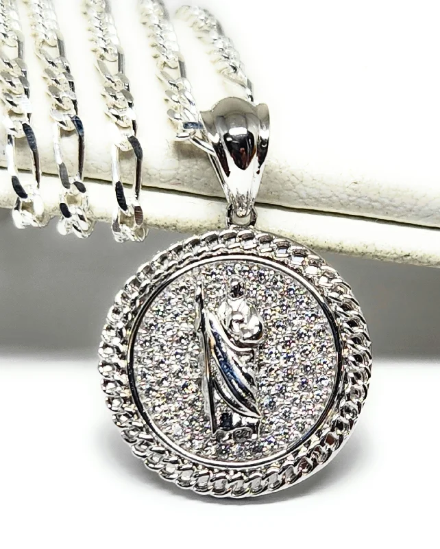 .925 Silver Saan Judas ROUND CZ Pendant Necklace with FIGARO CHAIN