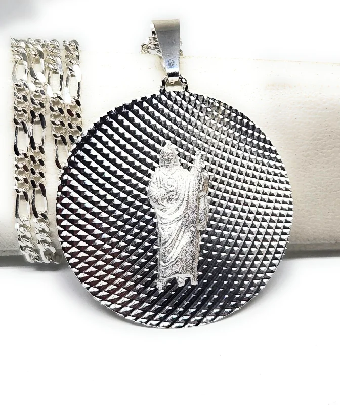 .925 Silver Saan Judas Round Pendant Necklace with Figaro Chain