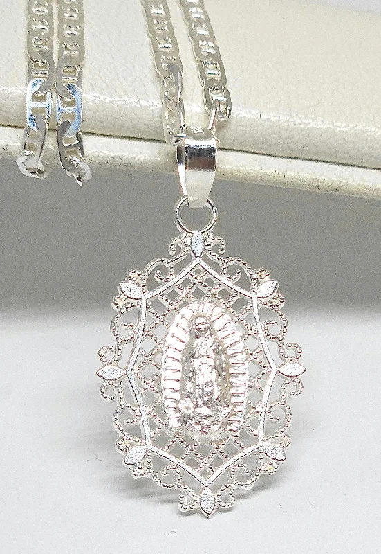 .925 Silver Virrgin Marry FILIGREE Pendant Necklace (MADE IN MX)