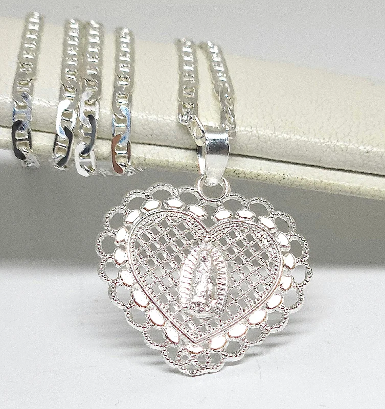 .925 Silver Virrgin Marry HEART FILIGREE Pendant Necklace (MADE IN MX)