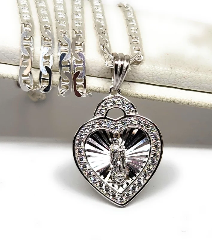 .925 Silver Virrgin Marry HEART Pendant CZ Necklace with Chain Options in