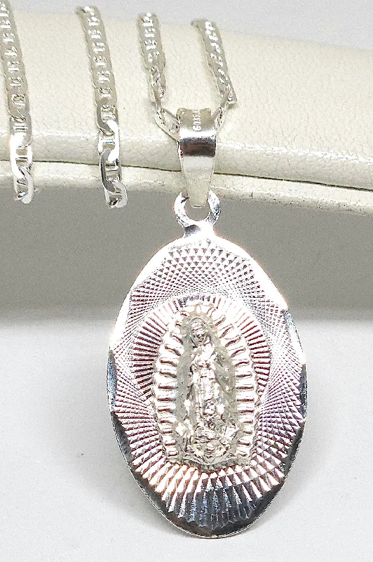 .925 Silver Virrgin Marry Laser Cut OVAL Pendant Necklace (MADE IN MX)