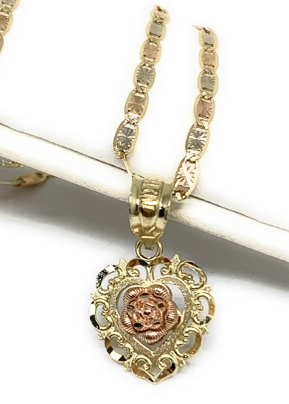 10k Solid Gold Yellow & Rose Heart Filigran Pendant Necklace Valentina Chain