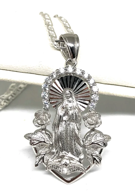 .925 Silver Virrgin Marry Pendant Roses CZ Necklace with Chain Options