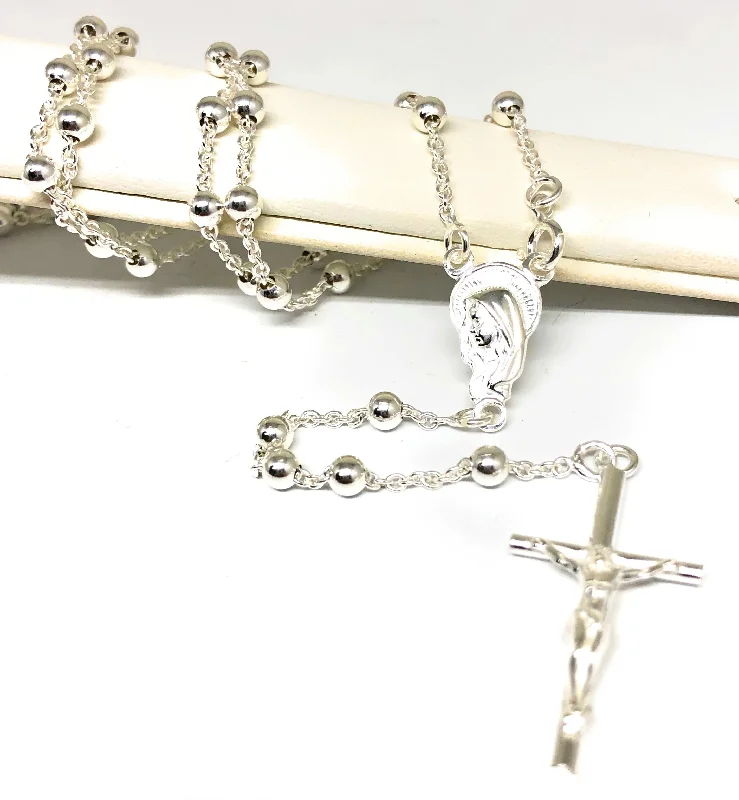 .925 Silver Virrgin Marry Rosarry Jesus Crucifix 30 inch 4mm Rossario