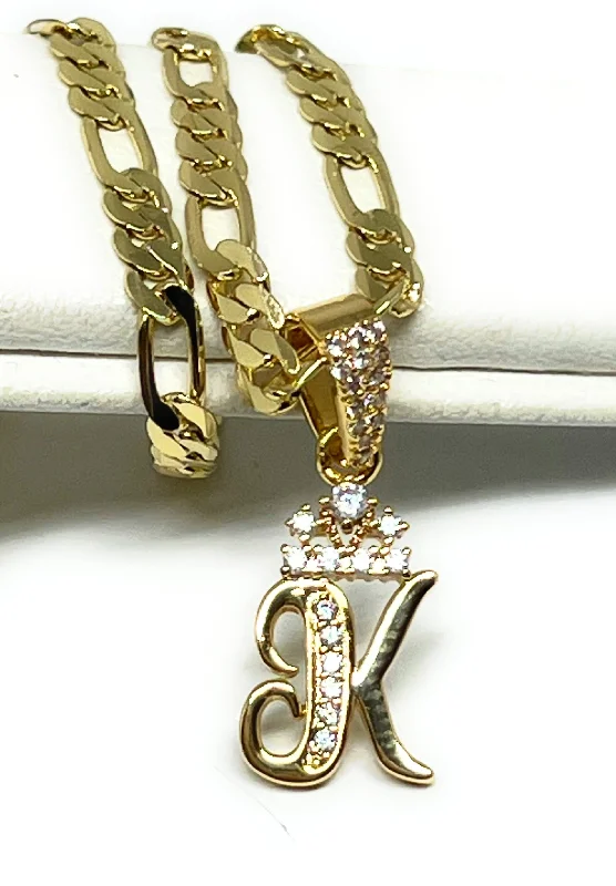 Gold Plated CUSTOMIZED CROWN  CZ Initial Letter Pendant with Figaro Chain 24" 3mm