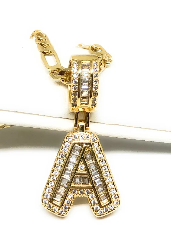 Gold Plated CUSTOMIZED CZ Block Initial Letter Pendant With 24" Figaro Chain