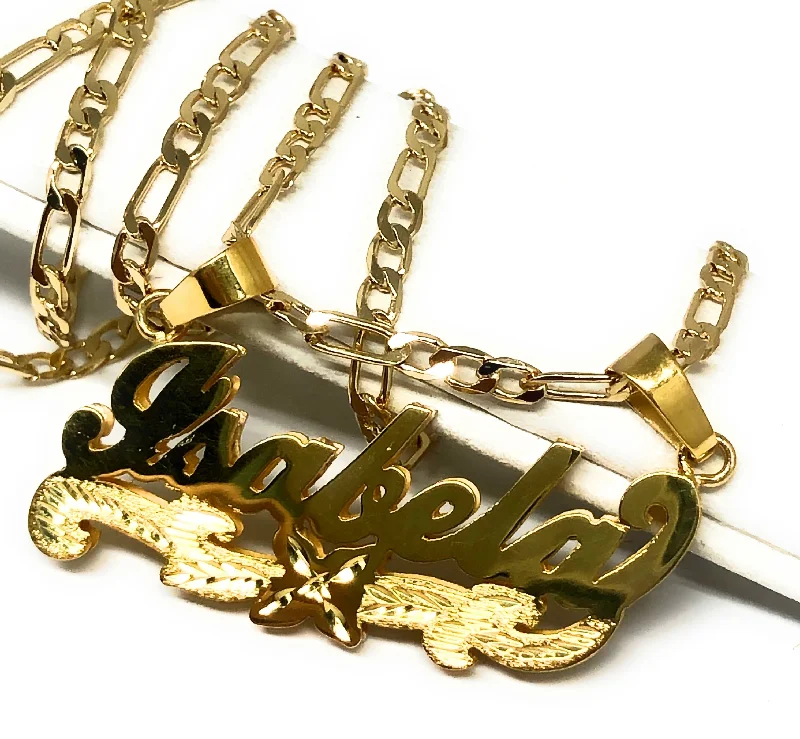 Gold Plated Silver CUSTOMIZED 3D ILLUSION DOUBLE + DIAMOND CUT Nameplate Necklace With Chain