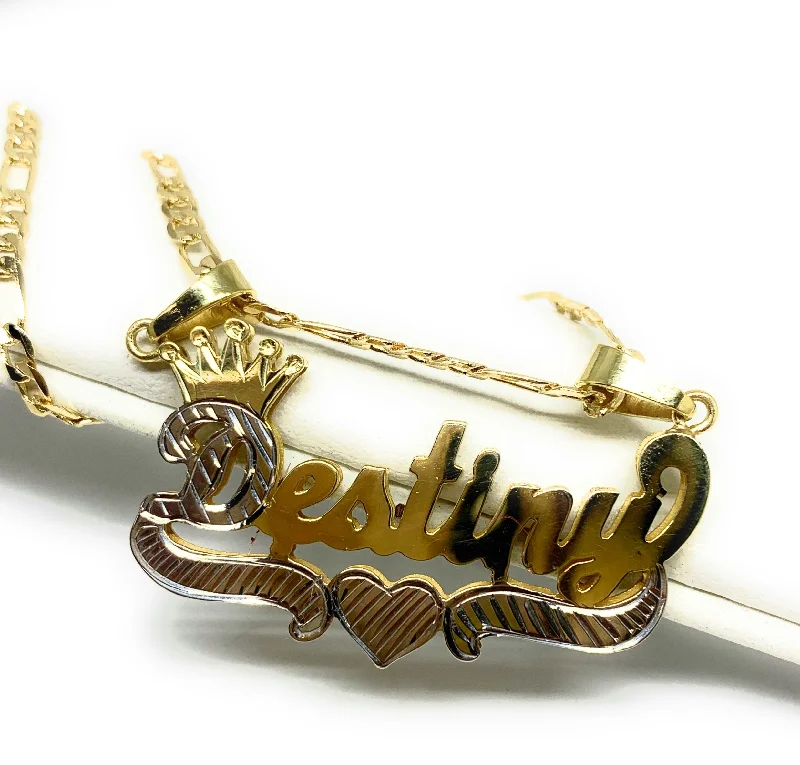 Gold Plated Silver Yellow & White CUSTOMIZED 3D ILLUSION DOUBLE CROWN CURSIVE with HEARTS Nameplate Necklace With Chain