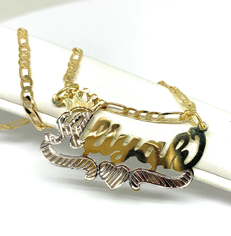 Gold Plated Silver Yellow & White CUSTOMIZED CROWN CURSIVE with HEARTS Nameplate Necklace With Chain