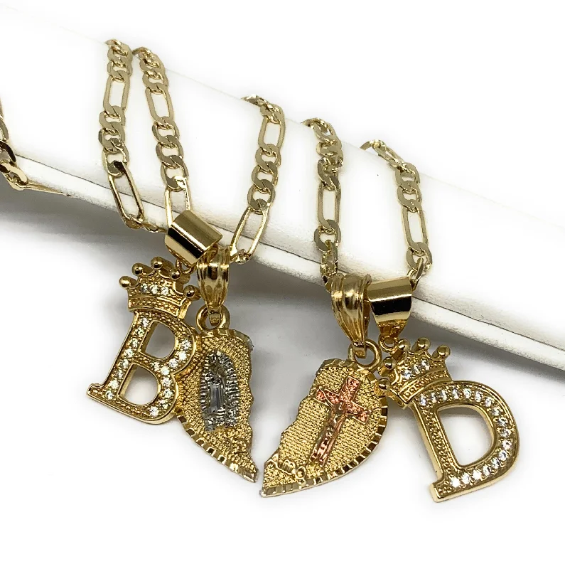 GOLD PLATED TRI-COLOR VIRGIN MARY & CHRIST "TE AMO" HEART SPLIT PENDANT & CROWN INITIAL LETTER TWO NECKLACE SET 24"