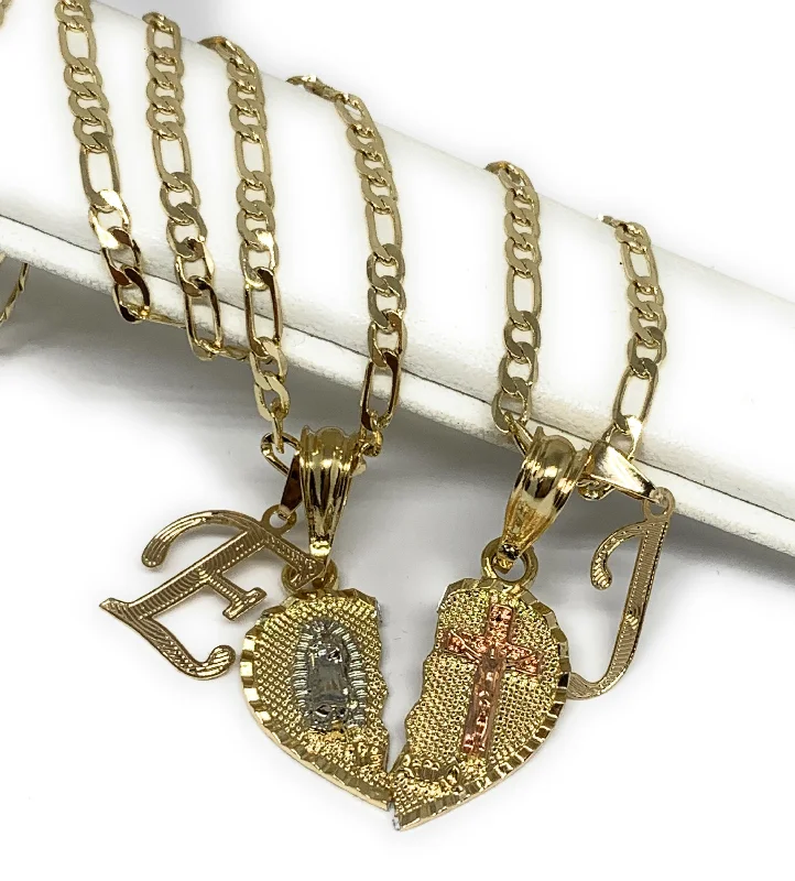 GOLD PLATED TRI-COLOR VIRGIN MARY & CHRIST "TE AMO" HEART SPLIT PENDANT & CURSIVE INITIAL LETTER TWO NECKLACE SET 24"