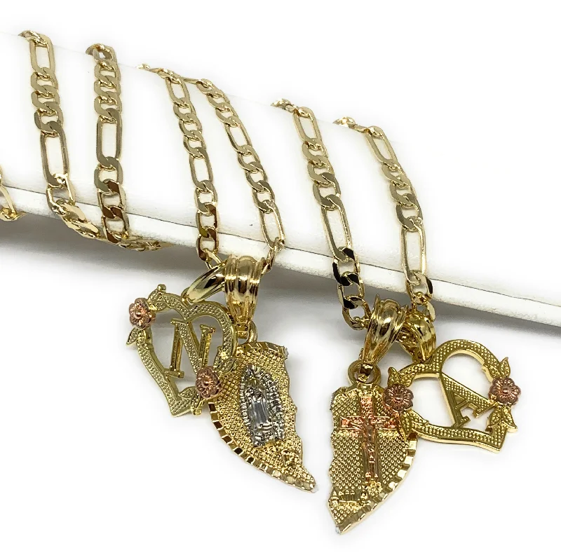 GOLD PLATED TRI-COLOR VIRGIN MARY & CHRIST "TE AMO" HEART SPLIT PENDANT & HEART INITIAL LETTER TWO NECKLACE SET 24"