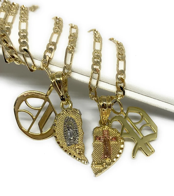 GOLD PLATED TRI-COLOR VIRGIN MARY & CHRIST "TE AMO" HEART SPLIT PENDANT & OLD ENGLISH INITIAL LETTER TWO NECKLACE SET 24"