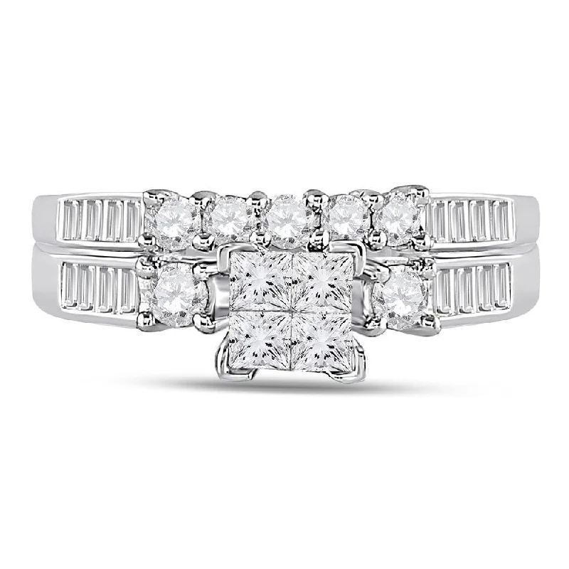 10kt White Gold Womens Princess Diamond Bridal Wedding Ring Band Set 1.00 Cttw