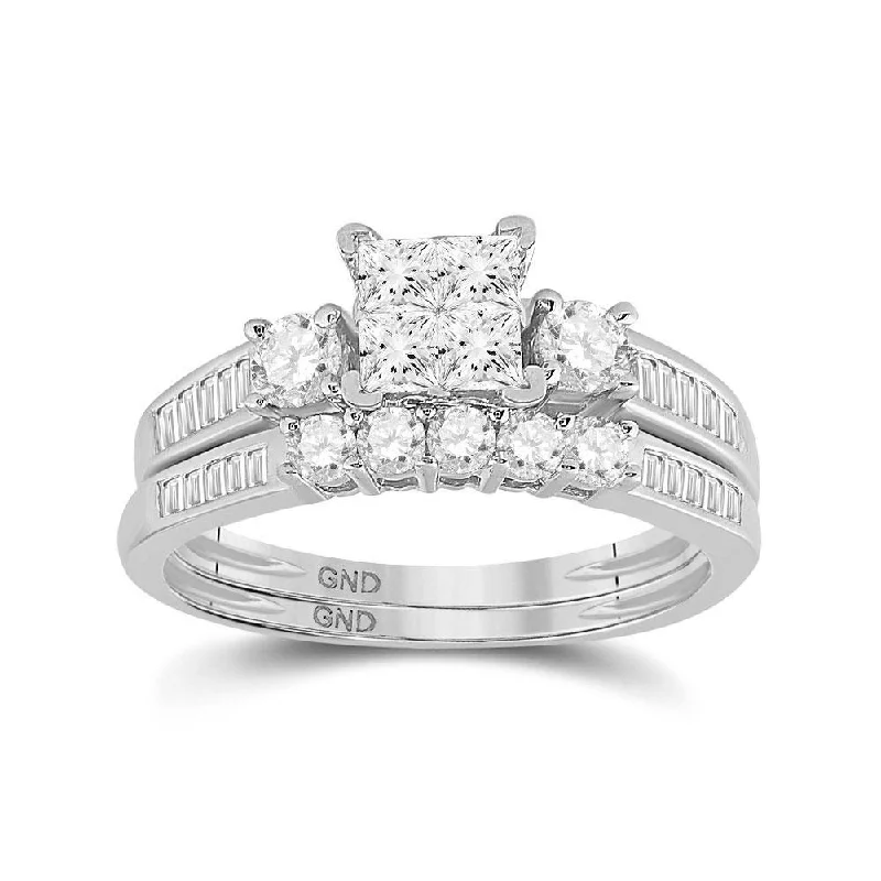 14kt White Gold Princess Diamond Bridal Wedding Ring Band Set 1 Cttw