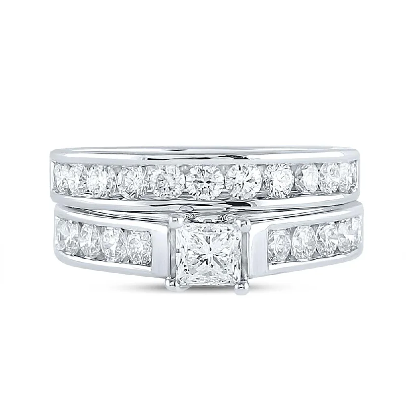 14kt White Gold Princess Diamond Bridal Wedding Ring Band Set 2 Cttw