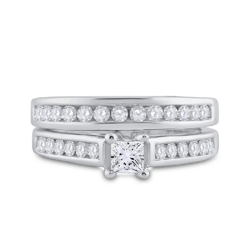 14kt White Gold Princess Diamond Bridal Wedding Ring Band Set 1 Cttw