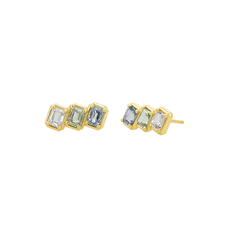 Emerald Cut Blue Ombré Trio Sapphire Earrings