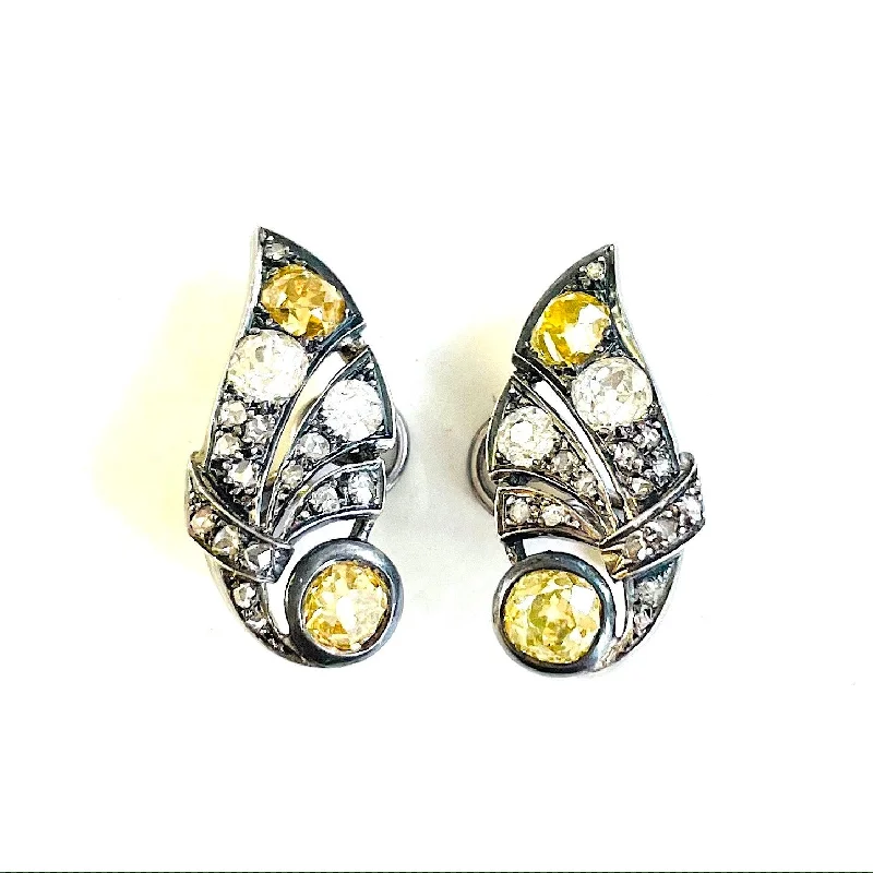 1930s Silver Yellow & White Diamond Earrings