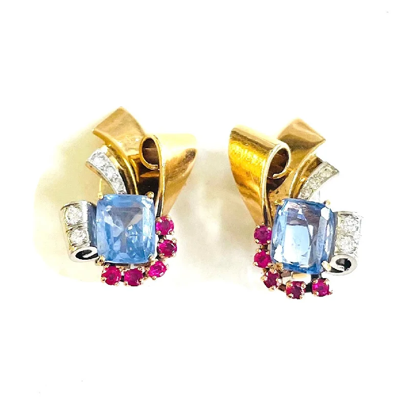 1950s 14KT Yellow Gold Sapphire, Diamond & Ruby Earrings