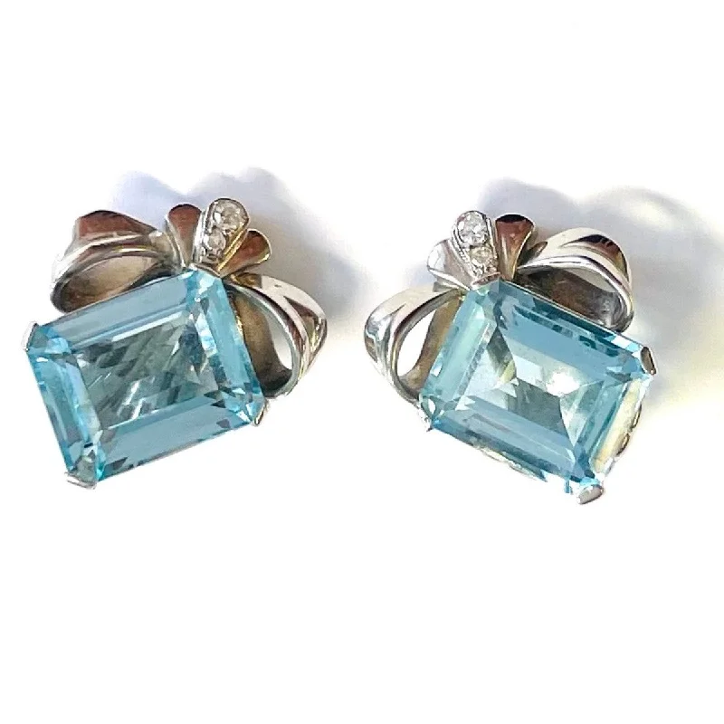 1950s 18KT White Gold Aquamarine & Diamond Earrings