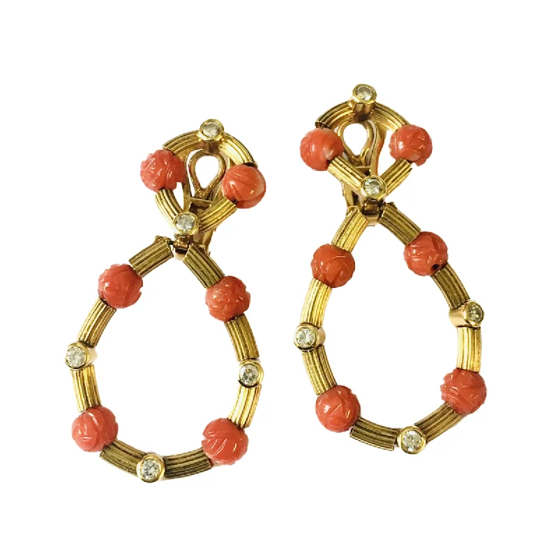 1960s 18KT Yellow Gold Coral & Diamond Earrings