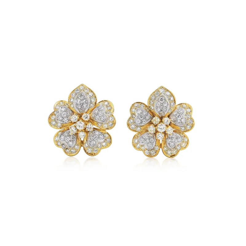 1980s 18KT Yellow Gold Diamond Flower Earrings