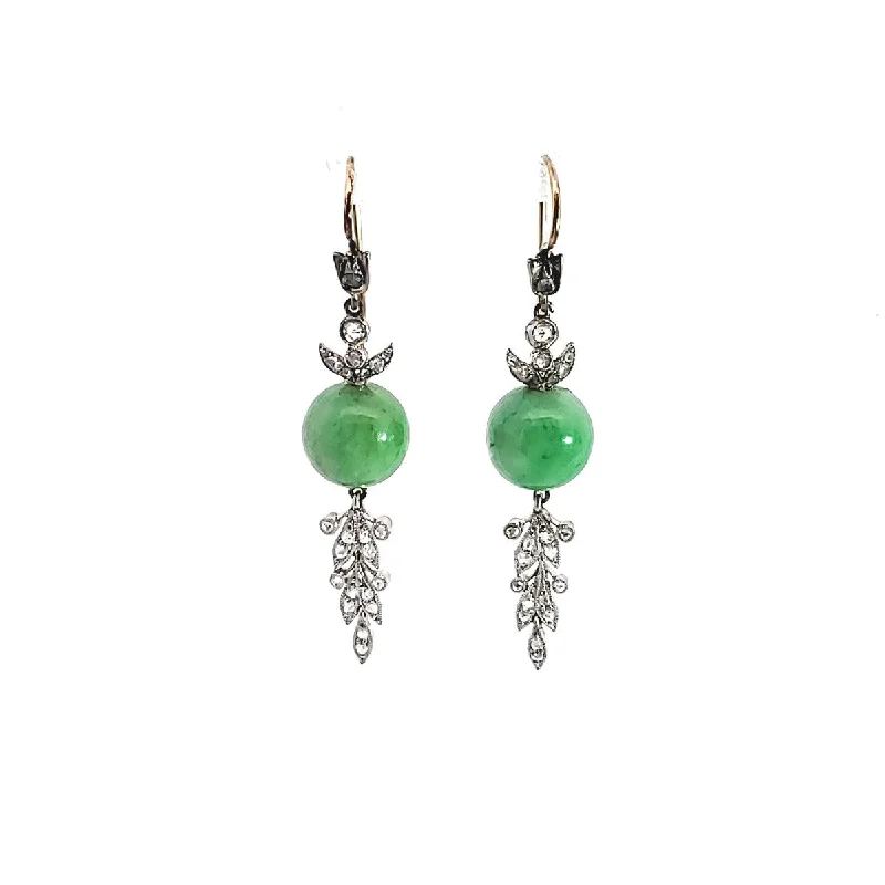 Antique 14KT White Gold Jade & Diamond Earrings