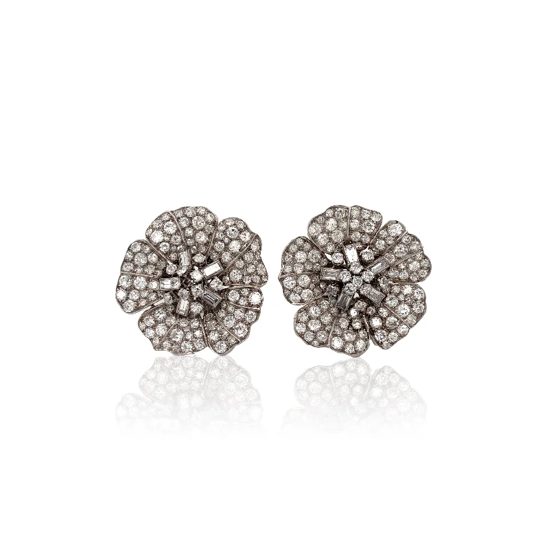 Art Deco Platinum Diamond Flower Earrings