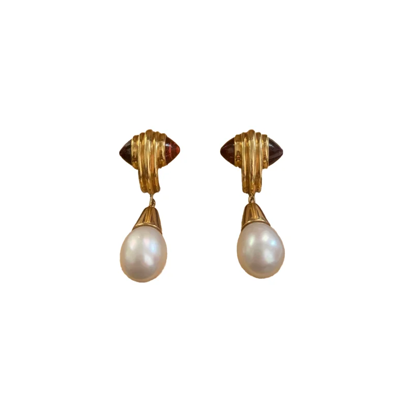 Bulgari 1980s 18KT Yellow Gold Pink Tourmaline & Cultured South Sea Pearl Earrings