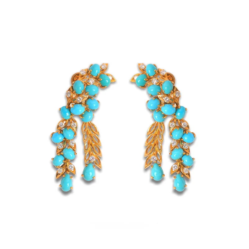 Cartier Paris 1950s 18KT Yellow Gold Turquoise & Diamond Earrings