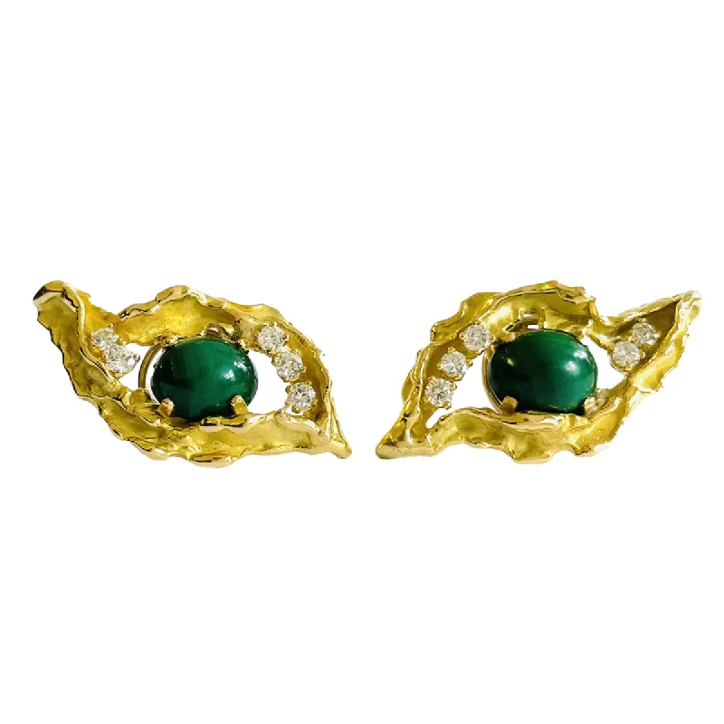 Chaumet French 1960s 18KT Yellow Gold Malachite & Diamond Earrings