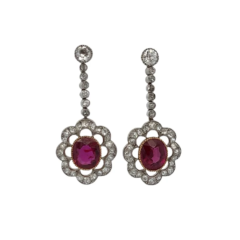 Edwardian Platinum & 18KT Yellow Gold Ruby & Diamond Earrings