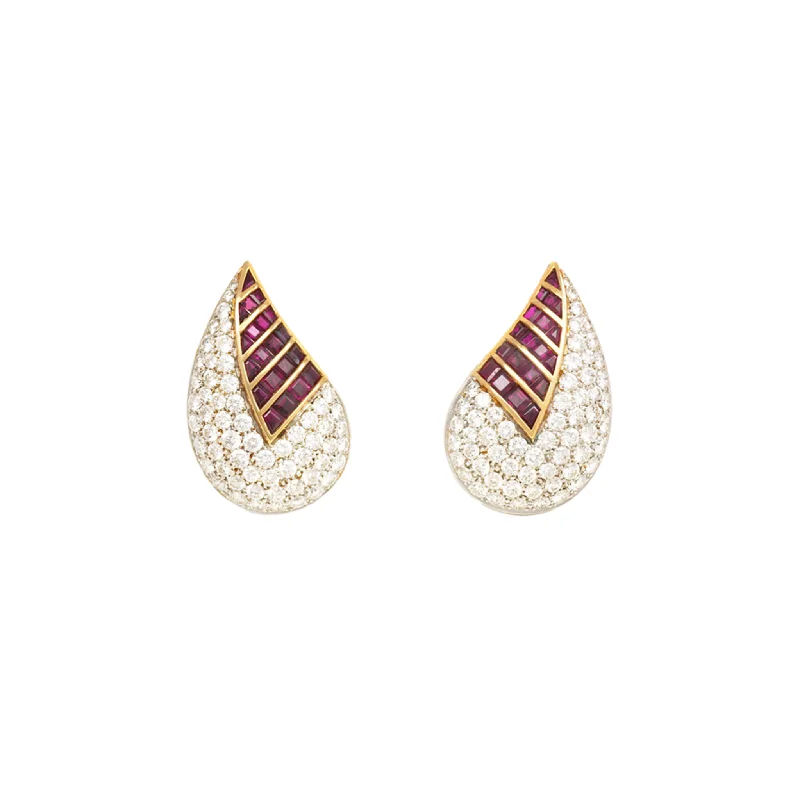 Mario Fasano 1980s 18KT Yellow & White Gold Diamond & Ruby Earrings