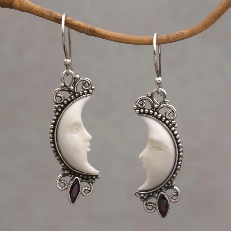 Natural Moonlight Garnet and Silver Crescent Moon Dangle Earrings from Bali