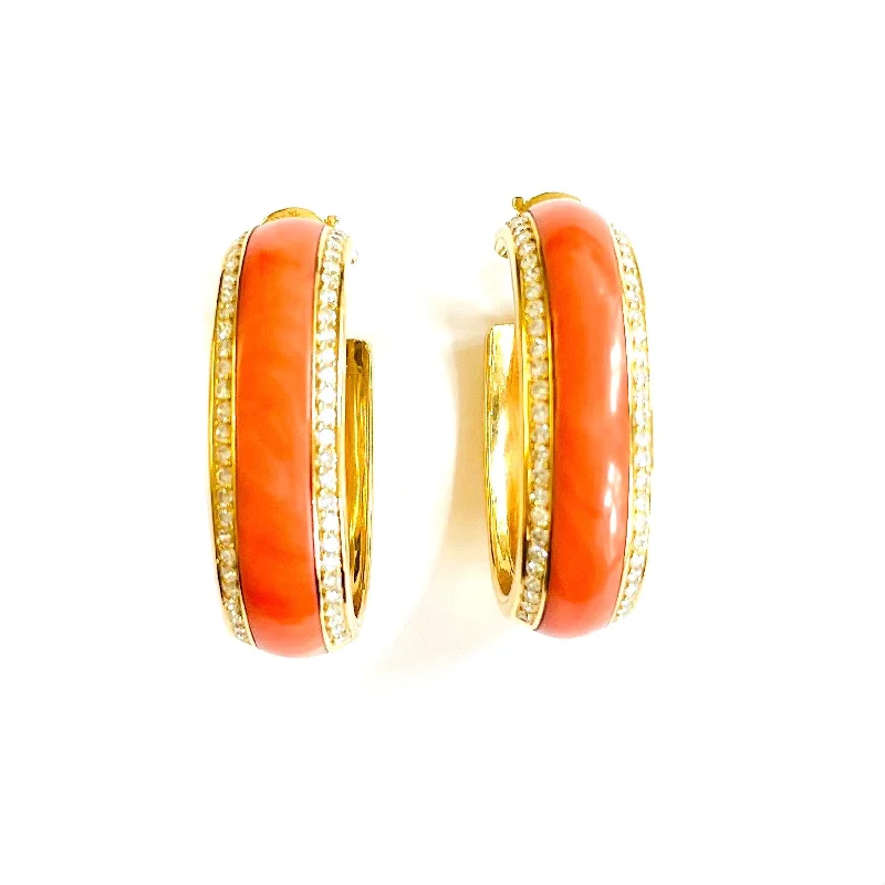 Piaget French 1980s 18KT Yellow Gold Coral & Diamond Creoles Earrings