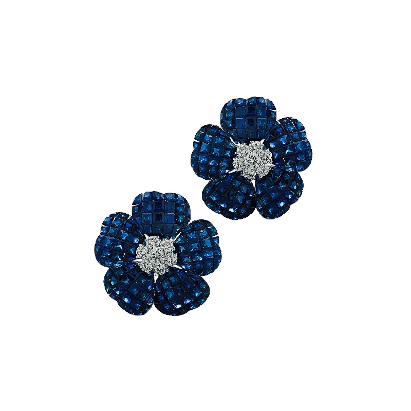 Post-1980s 18KT White Gold Blue Sapphire & Diamond Flower Earrings