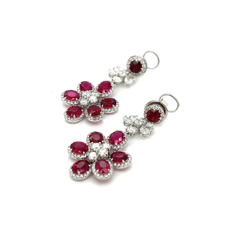 Post-1980s 18KT White Gold Ruby & Diamond Flower Earrings