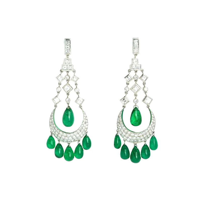 Post-1980s Platinum Diamond & Emerald Earrings