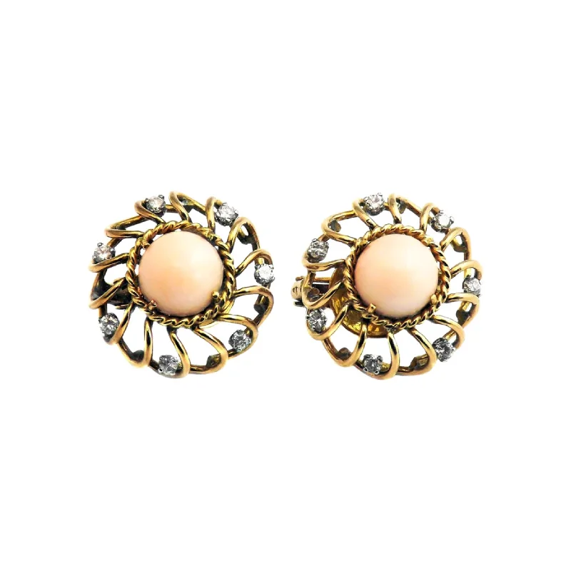 Retro 18KT Yellow Gold Coral & Diamond Earrings