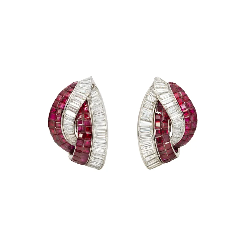 Retro Platinum Invisibly Set Ruby & Diamond Stylized Knot Earrings